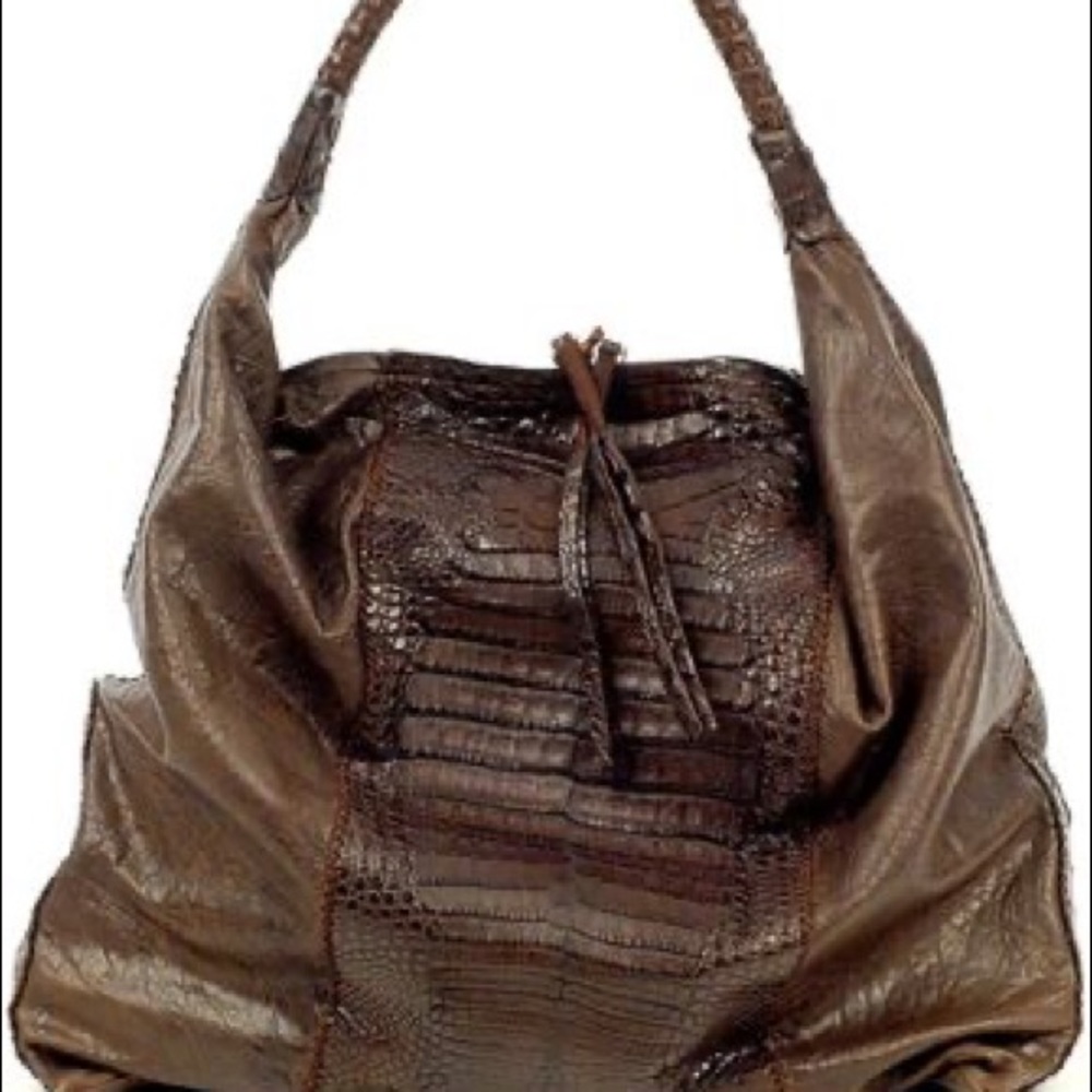 Parker Ochs Frederico Travel Bag Brown Ostrich Leather Crocodile Embossed